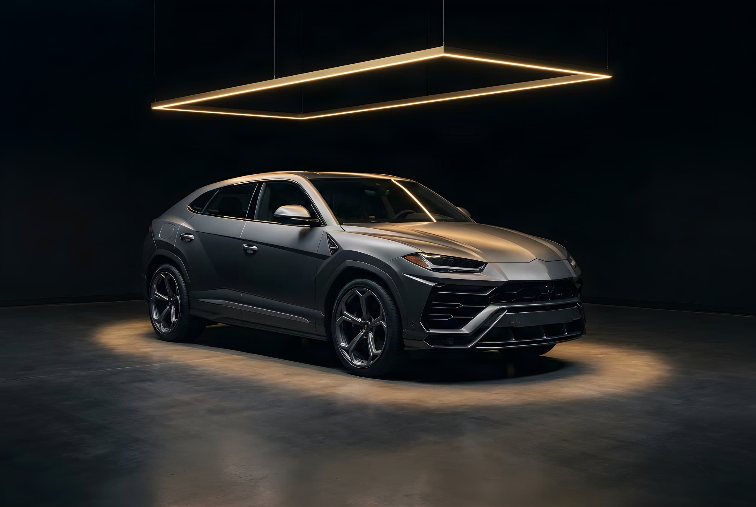 Grey Lamborghini Urus S beneath a golden light frame in a dark showroom