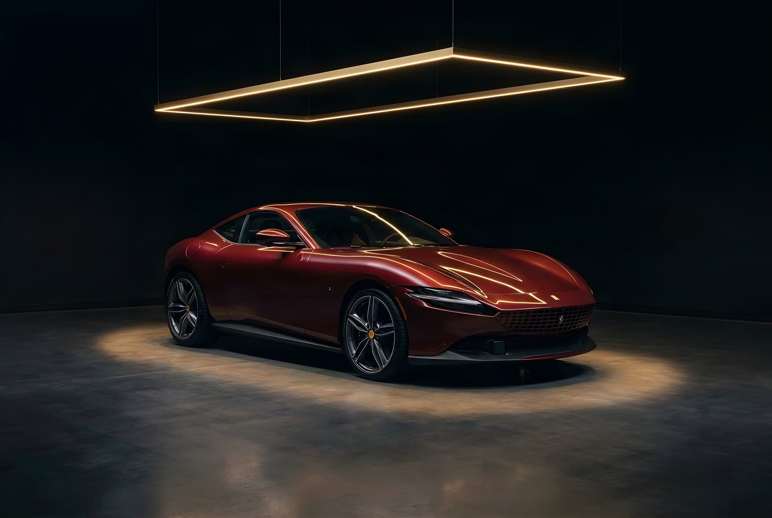 Deep red Ferrari Roma beneath a golden light frame in a dark room