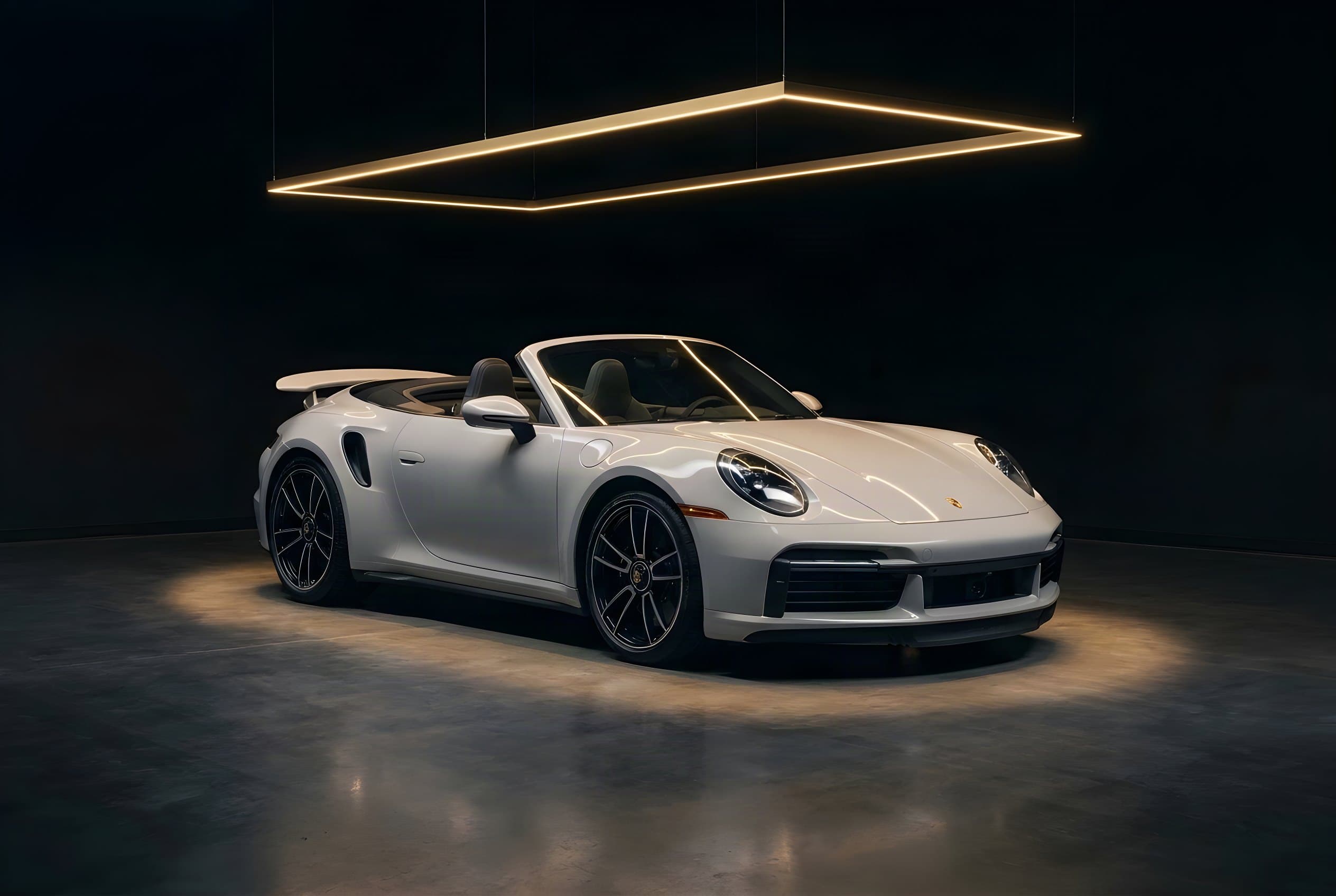 White Porsche 911 Turbo S Cabriolet with the roof down beneath a golden light frame