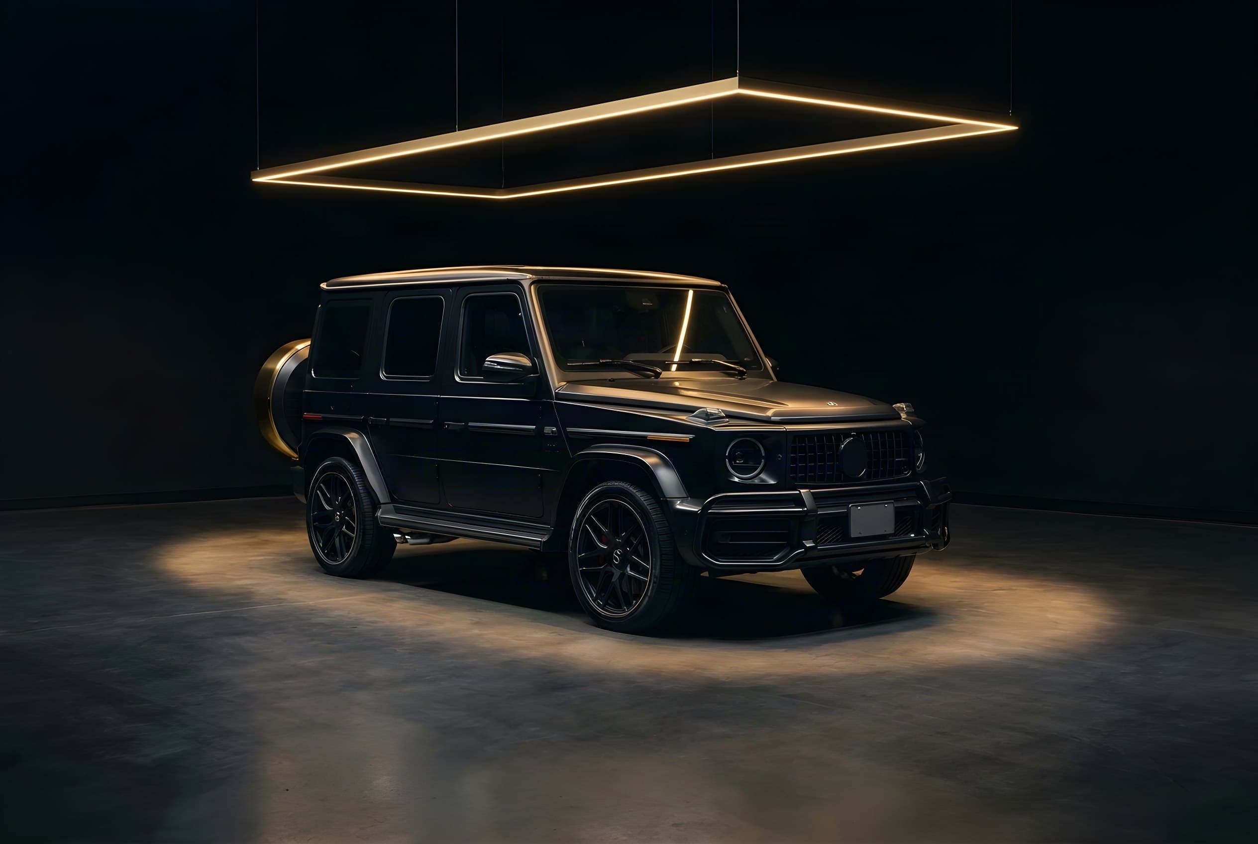 Matte black Mercedes-AMG G 63 in a pool of light beneath a golden light frame