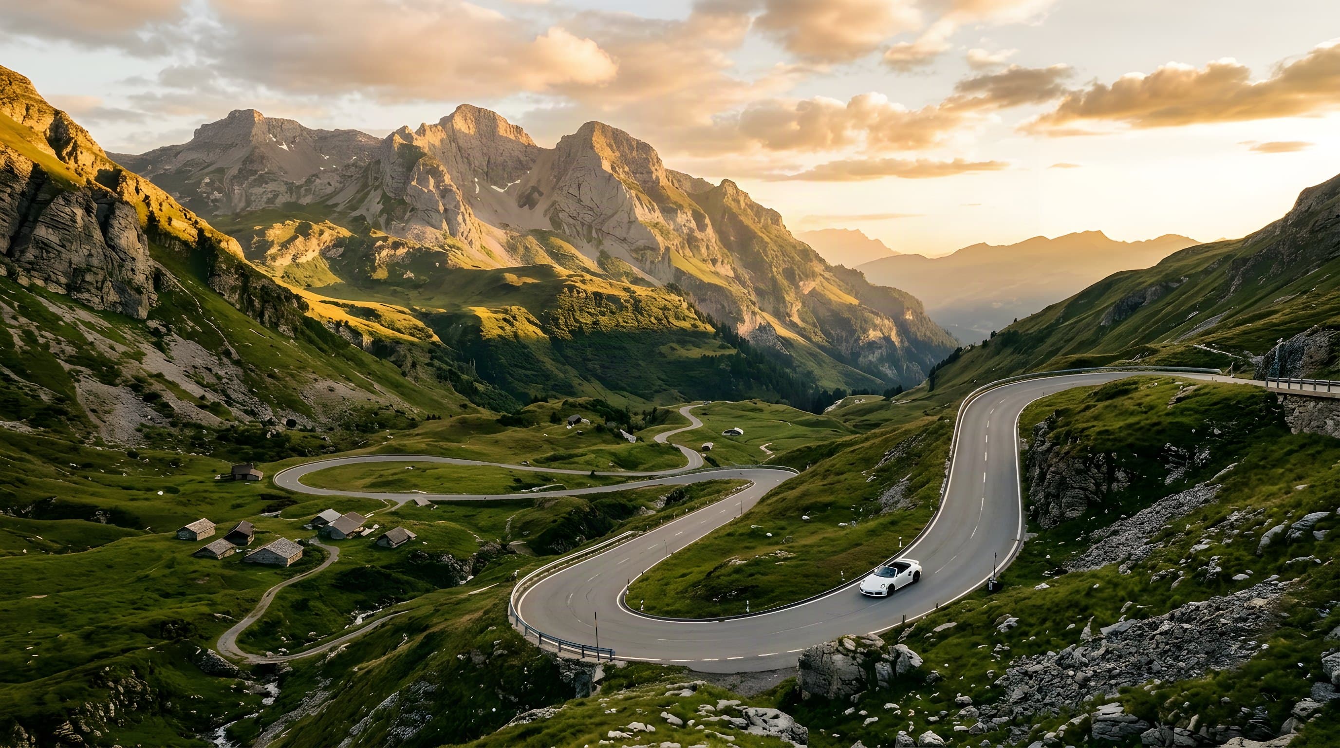 Mountain pass road with hairpin bends in warm evening light, a white sports car in the curve