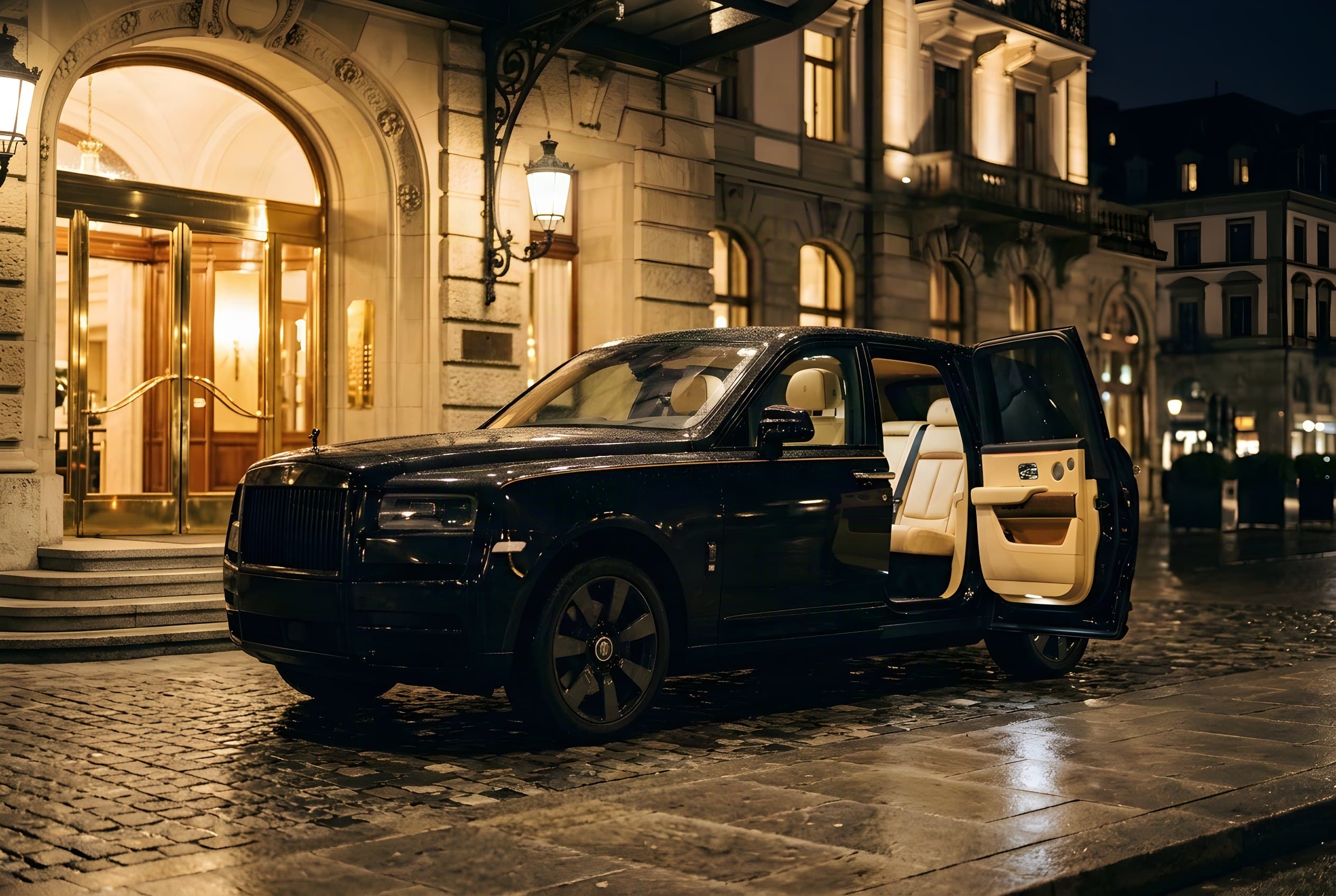 Black luxury SUV with an open rear door and light leather in front of an illuminated hotel entrance at night